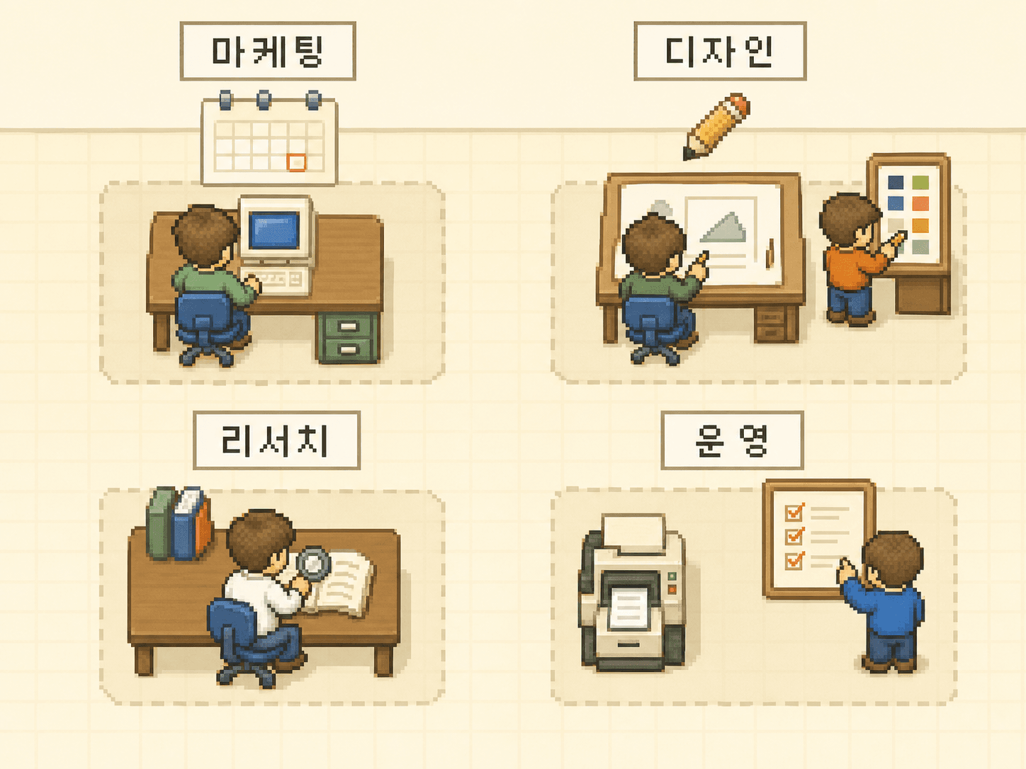 여러 미니미 에이전트가 컴퓨터 작업, 문서 정리, 파일 전달과 프린터 확인을 하는 픽셀 아트 사무실