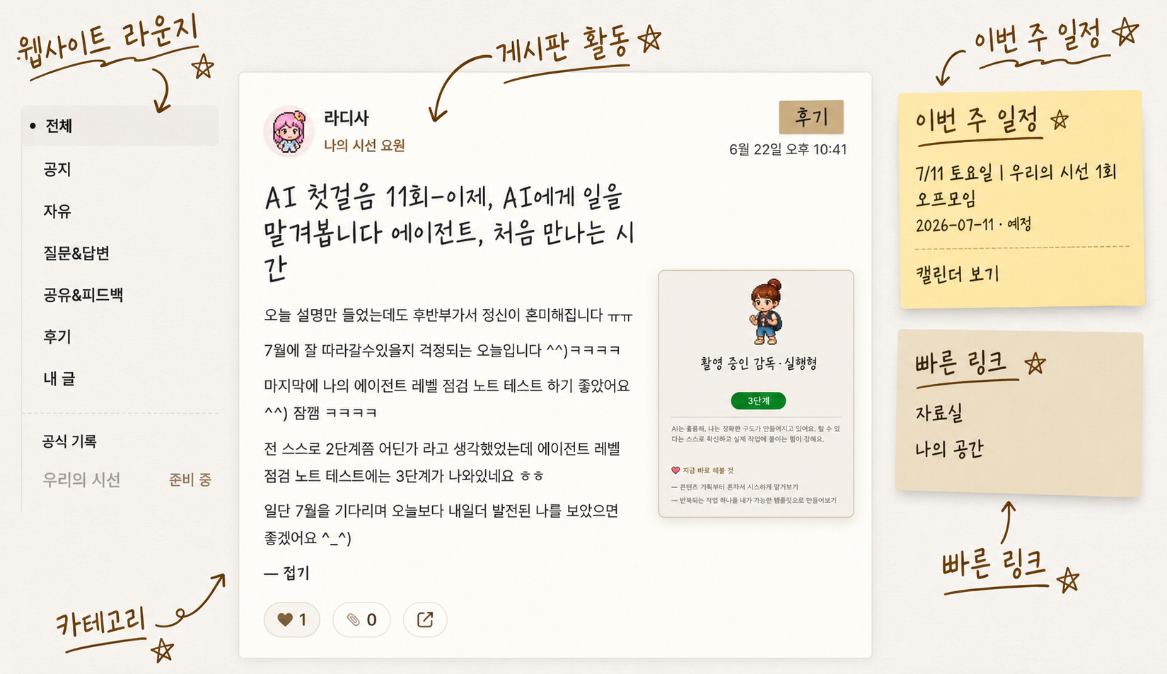 나의 시선 웹사이트 라운지 입구와 빠른 링크를 안내하는 손그림 주석 화면